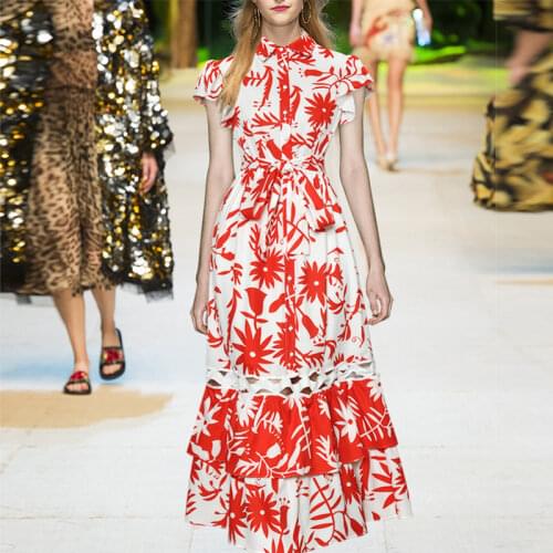 2021 Summer Dress Women Turn-down Collar Hollow Out with Belt Ruffles Patchwork Elegant High Quality Dresses