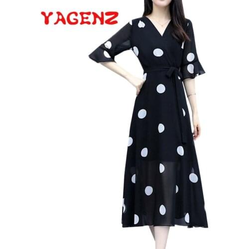 YAGENZ Women Summer Chiffon Dress Deep V-Neck Five-point sleeve dresses Dot Print Mini Chiffon Dress Woman Party vestidos 786