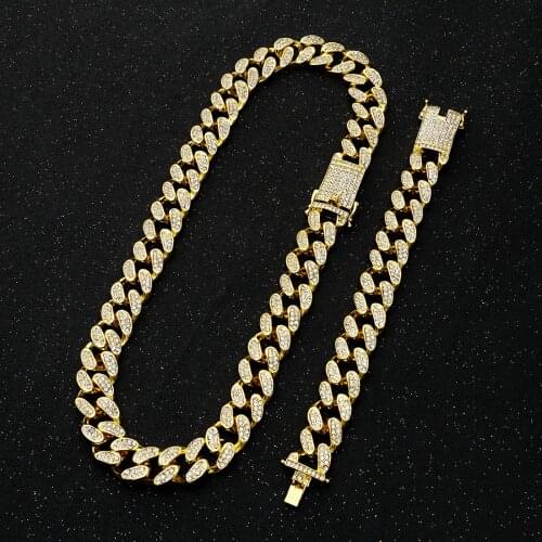 2cm HipHop Gold Silver Color Iced Out Crystal Miami Cuban Chain Necklace Bracelet Set for Mens Heavy Rhinestone Rapper Necklaces
