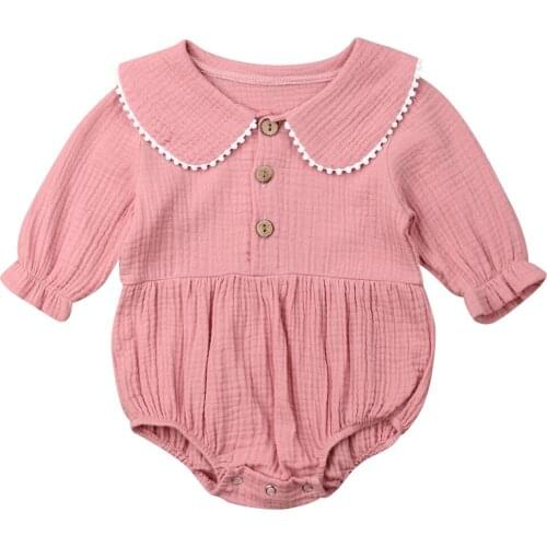 Baby Bodysuit Infant Baby Girls Kid Doll Tie Button Decoration Long Sleeve Bodysuits Clothes Tops Size 0-24M