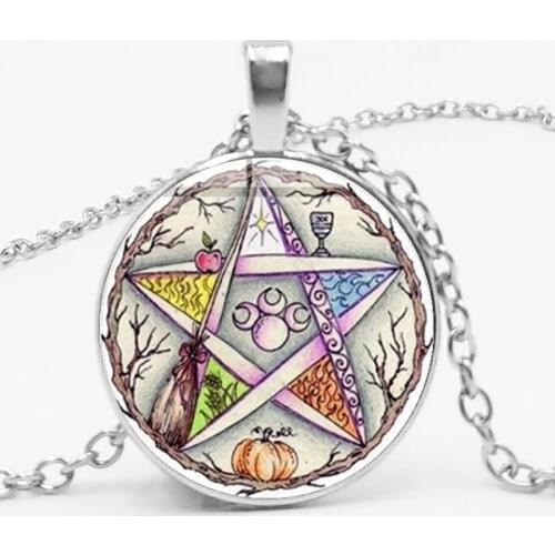 Statement New Esoteric Pentagram Necklace Vintage Wicca Star Tree of Life Crystal Glass Pendant Chain Necklace Handmade Artwork
