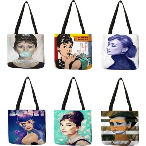 Exclusive Hand Bags for Women 2018 Famous Actress Hepburn Painting Shoulder Bag Eco Linen Fashion Lady Elegant Casual Handbag