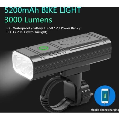 3000 Lumen Bicycle Light 5200mAh Powerbank USB Rechargeable Bike Headlight Waterproof Super Bright Flashlight Bike Lights Kit