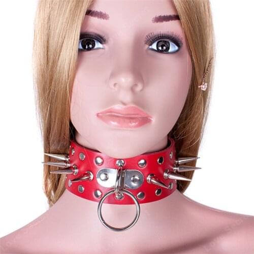 Red PU Leather Rivet Needle Thorns Collar Slave Fantasy Fetish Bondage BDSM Gear Bondage Neck Strap Adult Sex Product for Couple