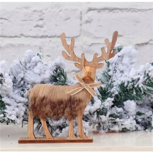 Creative Wooden Elk Stitching Ornament with Plush Christmas Home Desktop Decoration Xmas Ornaments TS2 Figurines Miniatures