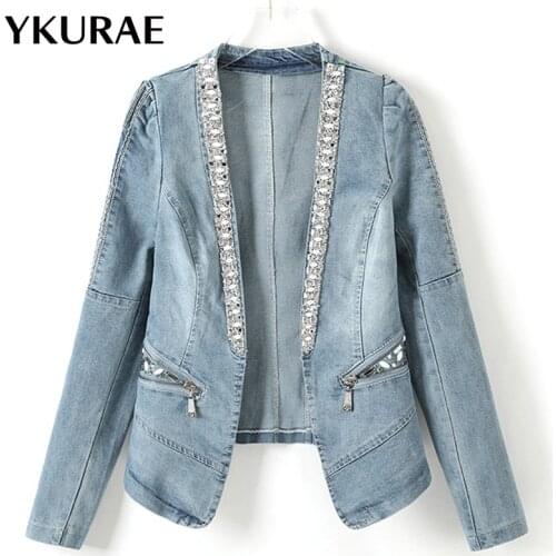Denim Jackets Women Punk Outwear Female Motorcycle Jean Jacket Fashion Diamonds Streetwear Lady Slim Spring Autumn Coat FL317