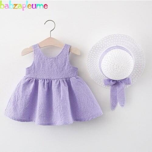 2Piece Summer Outfit Newborn Baby Girl Clothes Korean Cute Plaid Sleeveless Cotton Princess Dress+Sunhat Toddler Dresses BC2036