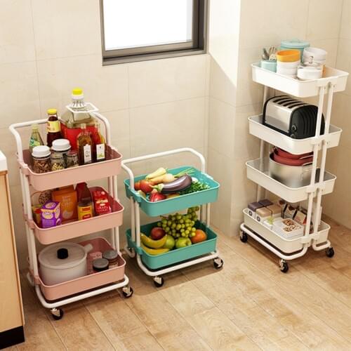 Small cart Mobile Shelf Kitchen Floor Storage Bedroom Living Room Multi-layer Pulley Multi-function Removable Storage Dish Rack