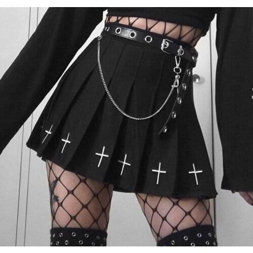 InsGoth High Waist Mini Black Skirts Gothic Streetwear Cross Print Pleated Women Skirts Casual College Lolita Harajuku Skirt