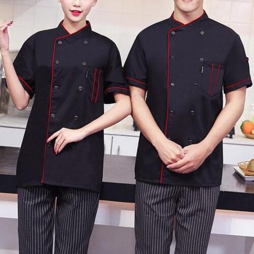 Men Short Sleeve Stand Collar Double-breasted Chef Waiter Uniform Loose T-shirt Kitchen Work Uniforms Aprons