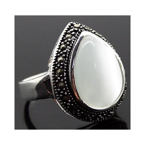 Wholesale good 25*20mm man/woman 925 SILVER NATURAL WHITE OPAL MARCASITE DROP RING SIZE 7/8/9/10 gift