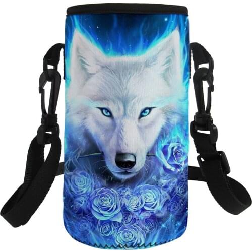 Neoprene Insulated 500-1000ML Bottle Carrier Bag Water Bottle Cover Fashion Wolf Print Bottle Carrier Pouch with Shoulder Strap