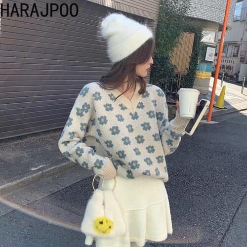 HARAJPOO Women Pullover Spring Autumn 2020 New Female Korean Style Loose Japanese Jacquard Long Sleeve V-neck Knitted Sweater