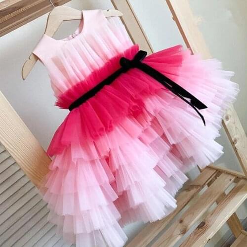 Puffy Tiered Pink Flower Girl Dress Tulle Layers Sashes Girl Pageant Gowns Unicorn Girl Birthday Dress for New Year