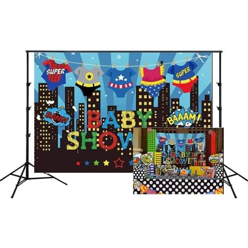 Super Heroes Theme Baby Shower Backdrop City Bang Boom Party Banners Photo Background Cake Table Scene Setter Wall Decorations