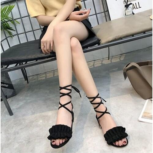Weweya Plus Size 34-43 Womens Sandal Ruffles Shoes Woman Ankle Strap Cross Bandage Sandals Summer Shoes Flats Sandalias Mujer
