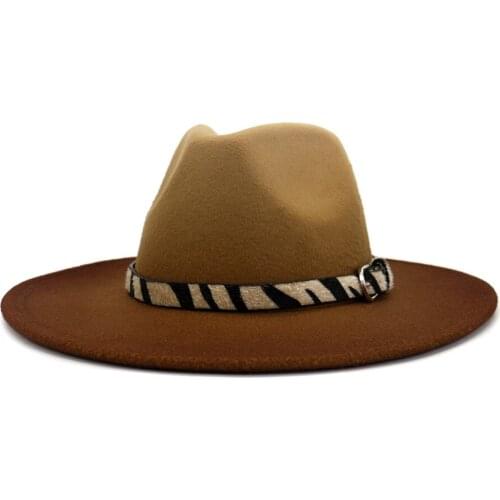 Zebra Belt Wool Felt Gradient Vintage Trilby Fedora Hat Gentleman Elegant Caramel Gradient Autumn And Winter Women Men Jazz Caps