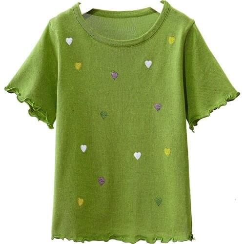 Zuolunouba Summer New Avocado Green Short-sleeved Women T-shirt Slim Sweet Niche Round Neck Love Printing Short Fungus Tees Tops