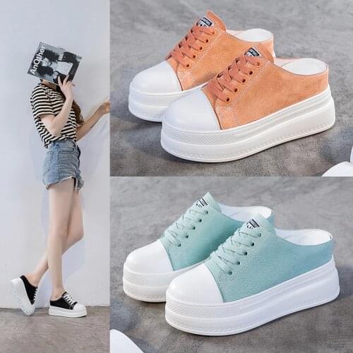 Shoes Womens Summer Increase In 2021 Womens Shoes Leather Toe Half Slippers Women Thick-soled Lazy Shoes