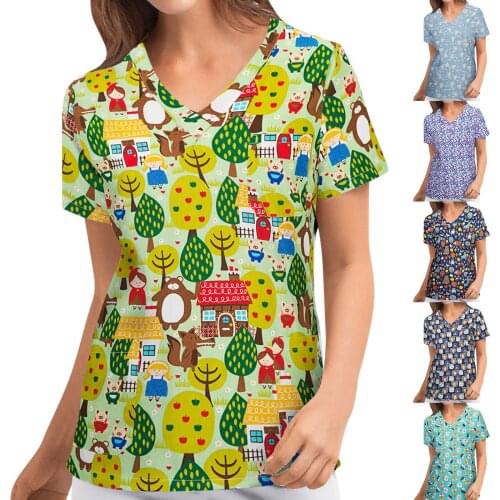 Women Short Sleeve V-neck Working Uniform Cartoon Floral Printing T-Shirt Comfortable Daily Working Uniform T-Shirt Carer Top