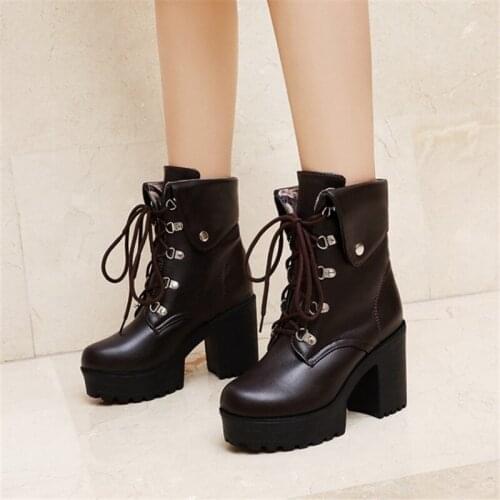 PXELENA Drop Ship Punk Rock Gothic Combat Boots Women Lace Up Block Chunky High Heels Motorcycle Military Shoes Plus Size