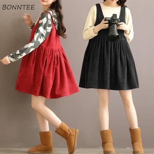 Dresses Women Spring Loose All-match Students Pure Color Spaghetti Strap Chic Knee-length Sleeveless Korean Style Female Daily