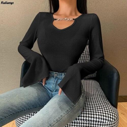 Europe And The United States 2021 New Womens Solid Color V-Neck Pullover Top Temperament Commuter Slim Long-Sleeved T-Shirt S-M