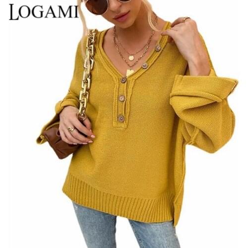 LOGAMI Square Armhole Button V-neck Sweater Women Long Sleeve Loose Pullovers Womens Lazy Jumper