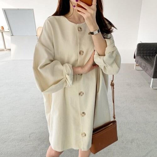 Korean Chic Autumn Pure Color Wild Simple Round Neck Single-breasted Loose Gentle Puff Sleeve Medium Dress Female