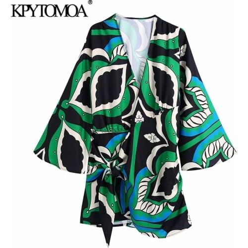 KPYTOMOA Women 2021 Fashion With Knot Totem Print Wrap Mini Dress Vintage V Neck Long Sleeve Female Dresses Vestidos Mujer