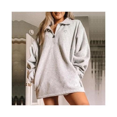 Winter 2021 Design Simple Fashion Streetwear Zip Up POLO Collar Gray Vintage Oversized BF Girls Sweatshirt Women Pullovers Warm