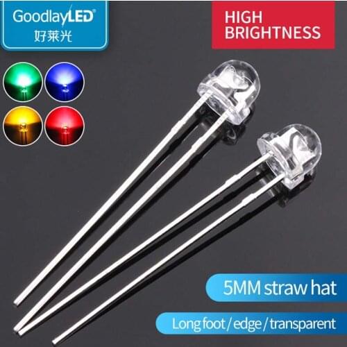 1000PCS 5mm straw hat high brightness long leg edge white light red blue green yellow DIP LED