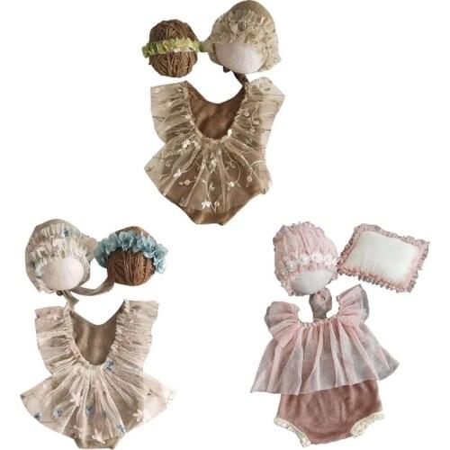 4Pcs Newborn Photography Props Suit Lace Romper Hat Pillow Headband Set Outfits P31B