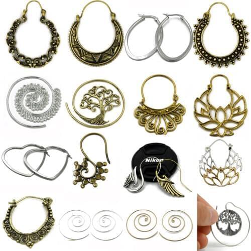 BOG-Pair Brass Tribal Indian Beaded Ethnic Antique Design Spiral Drop Earring Charming Jewelry Dangle Ear Piercing Body jewelry