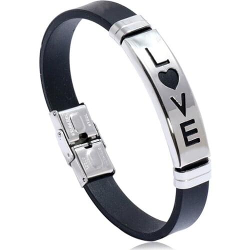 Fashion Love Heart Stainless Steel Bracelet Cuff Black Silicone Chain Charm Wristbands Titanium Rubber Belt Bangle Punk Jewelry
