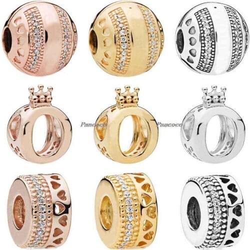 Authentic 925 Sterling Silver Charm Gold Sparkling Stripes Logo Hearts Clip Beads Fit Pandora Bracelet & Necklace Jewelry