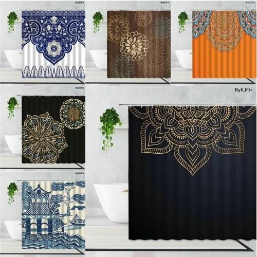 Black Orange Bohemian Floral Shower Curtains Ethnic Style Home Decoration Background Bathroom Waterproof Bath Curtain With Hooks