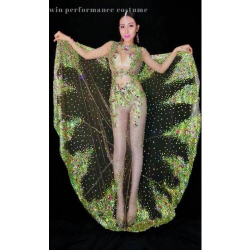 Gogo dancer see through long mesh tail rhinstone crystal backless costume stage dress