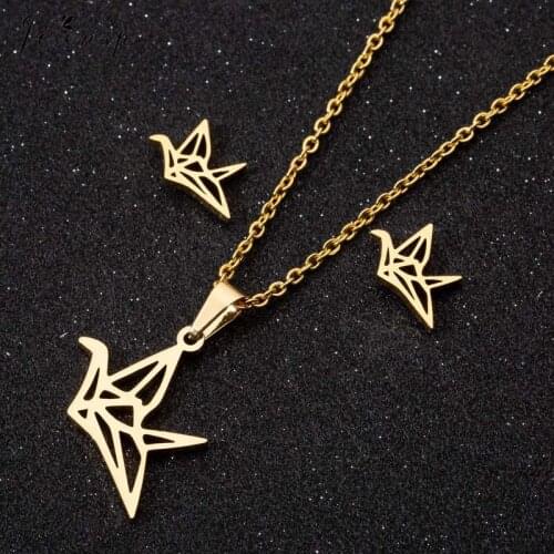Jisensp Simple Fashion Lovely Paper Crane Stainless Steel Jewelry Sets Hollow Origami Crane Charm Necklace Earrings for Women