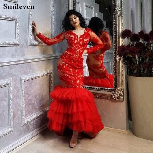Smileven Red Mermaid Formal Evening Dress Long Sleeve Sexy Long Prom Party Gowns Custom Made Dubai Prom Dresses