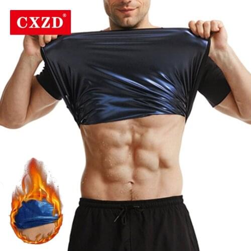 CXZD Men Sauna Sweat ion coating Short sleeve Fat Burn Gym Fitness Compression Workout Shirt Body Shaper Slimming Tummy Tops