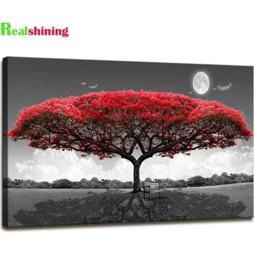 5D diy full square round drill Single Red Tree Forest Landscape Diamond Painting Cross Stitch Diamond mosaic kit N1810