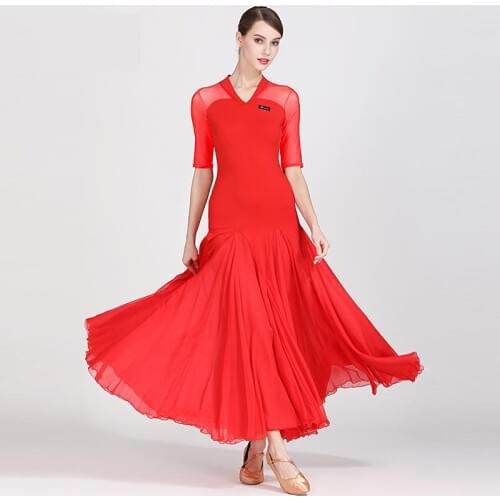 New 2019 Red Mesh Modern Dance Costume Women Ladies Dancewear Waltzing Tango Dancing Dress Ballroom Costume Evening Party XXL