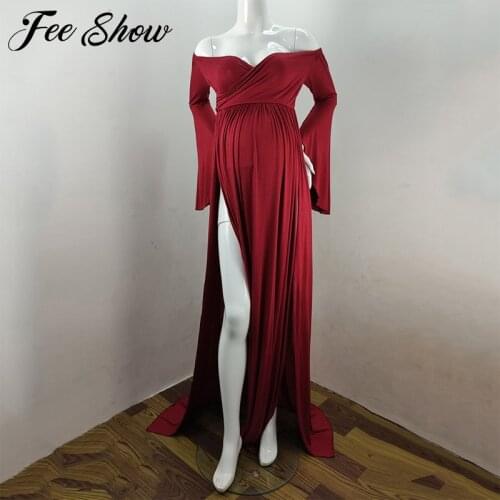 Maternity Dress For Photo Shoot Sexy Off Shoulder Flare Sleeve Side Split Maxi Gown for Photograph Baby Shower Pregnancy Dress