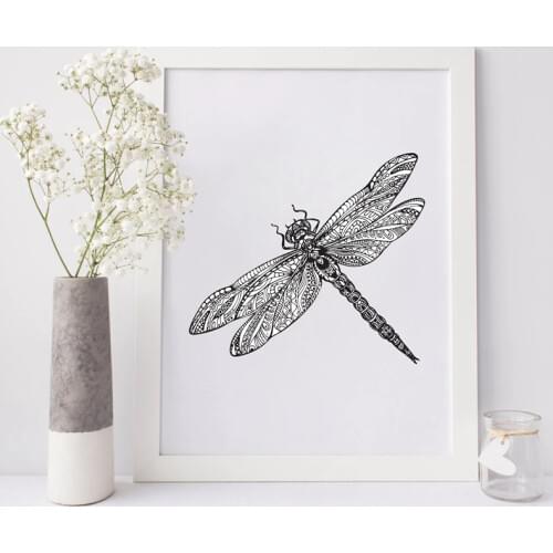 Hand Drawn Dragonfly Print Pictures Canvas Painting , Black White Animal Dragonfly Modern Home Living Room Summer Decoration
