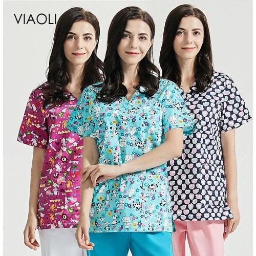 VIAOLI Pet Club Work Uniforms Spa Lab Beauty Salon Workwear Wonder Women Printing Scrubs Tops Women Scrubs Costume Wholesale