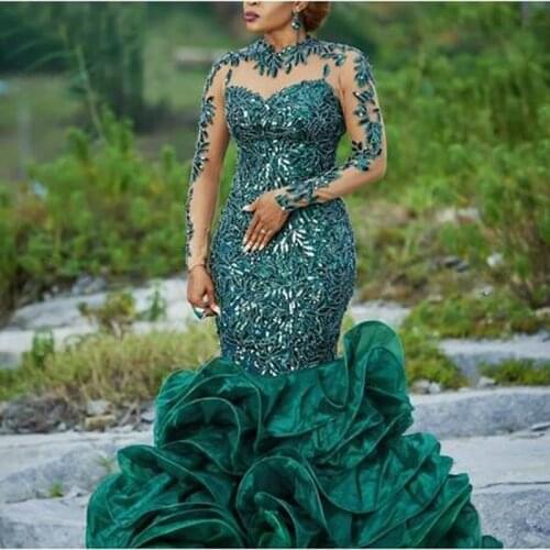 Green Appliqued Lace Beading Mermaid Prom Dresses Candy Color O-neck Pleat Ruffles Custome Made Evening Dress