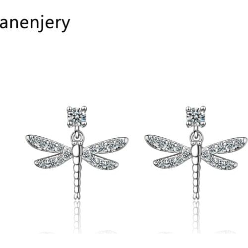 ANENJERY 925 Sterling Silver Simple Lovely Mosaic Zircon Dragonfly Earrings For Women brincos oorbellen S-E807