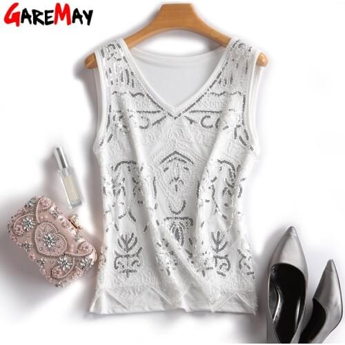 Sequin Top V Neck for Women Sleeveless White Casual Mesh Tank Top Women Streetwear Sexy Ladies Tank Tops Women Summer 2020