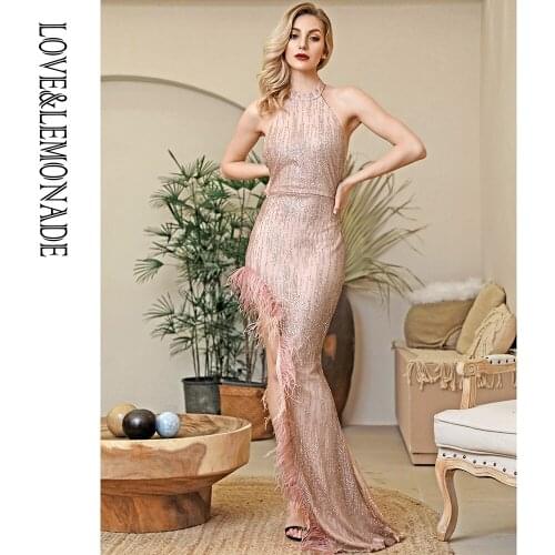 LOVE&LEMONADE Sexy Nude Gold Hanging Neck Open Back Whit Split Feather Bodycon Glitter Glued Maxi Dress LM82519